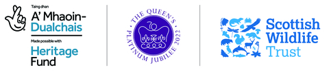 Three logos from the funders National Lottery Heritage Fund, The Queen's Platinum Jubilee and the Scottish Wildlife Trust