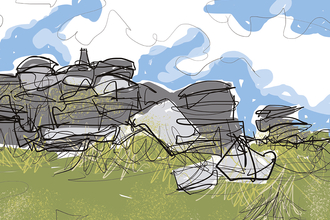 A drawing of fenland on Dartmoor - a blue sky with a few clouds, over a green fenland with imposing boulders