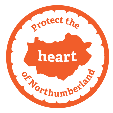 An orange emblem that says "Protect the heart of Northumberland", the word heart is contained in the outline of the Rothbury Estate map, that is heartshaped.