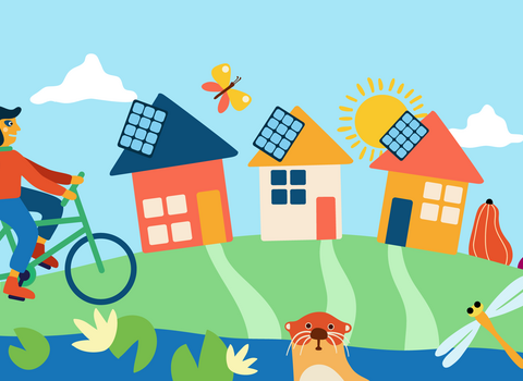 Girl cycling past houses powered by solar, with vegetables growing outside and wind turbines in the background and river in foreground