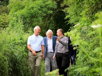 Alistair Fitter, Sir David Attenborough, walking at Askham Bog, Yorkshire Wildlife Trust 