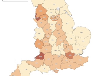 Map of England showing the number of local wildlife sites in England
