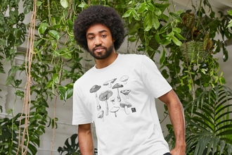 Man wearing a mushroom tshirt