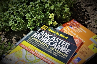An assortment of maps lyinf on plants. 