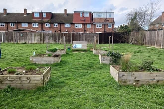 Raised beds surrounded by grass and a bench. Houses can be seen in the background. 