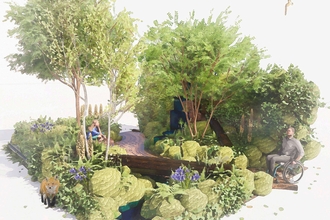 Computer generated graphic depicting The Wildlife Trusts' British Rainforest Garden coming to RHS Chelsea 2025, including several tall trees, a walkway with a wheelchair user at one end and another visitor sitting on a log just off the path. Also includes a small waterfall and mossy boulders around the edges.