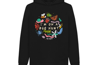 A black kids' hoodie featuring illustrations of snails, worms, butterflies, bees and dragonflies, with I'm on a bug hunt written in the middle