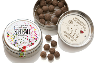 Seedball's wildflower meadow tin showing the seedballs contained within. The lid of the tin is decorated with illustrated, brightly coloured wildflowers
