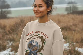 A woman stood in a field, with trees visible behind her, smiling at the camera. She is wearing a jumper with an illustration of two turtles doves sat on a tree branch featuring the words 'Dove actually'