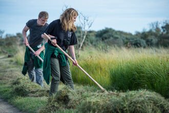 Two Wildlife Trust staff working on a nature reserve, on a grass verge. They are raking cut grass on the verge