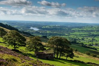 A view over Tittesworth, with rolling hills dotted with trees and a lake visible in the background