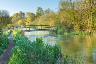 A landscape of the River Itchen flowing beneath a wooden bridge, with trees lining the far bank