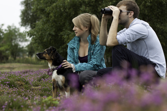 A young man and woman sit amongst flowering heather, with a dog on a lead sat beside them. The woman has her hands on the dog, whilst the man looks through a pair of binoculars.