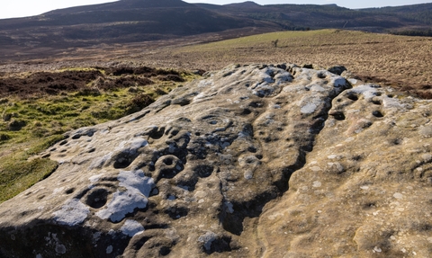 An ancient rock carving. Hollows and grooves known as cup and ring marks can be seen on a large swathe of stone
