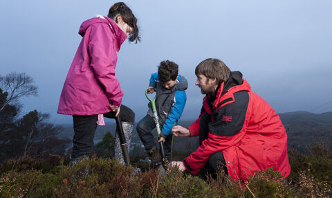 Two children and an adult planting trees