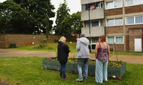 three people, back to the camera, looking at planter in a housing estate