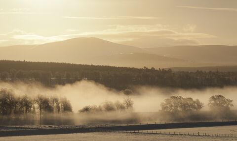 Mist over River Spey and Strathspey in winter, Cairngorms National Park, Scotland, UK