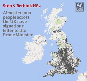 Map demonstrated the number of people across the UK who have signed our letter asking the Prime Minister to Stop and Rethink HS2