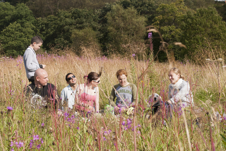 A group of people picnicking with a dog on a sunny day