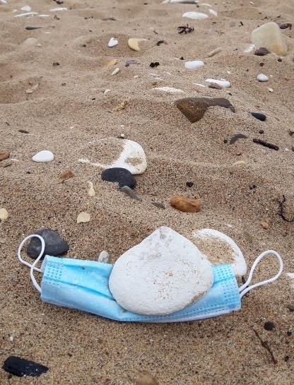 Litter, face mask on beach, Yorkshire by Ana Cowie Yorkshire Wildlife Trust