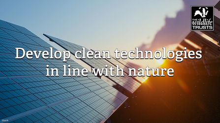 Two solar panels are shown, with sunlight glinting off them. The text reads 'develop clean technologies in line with nature'