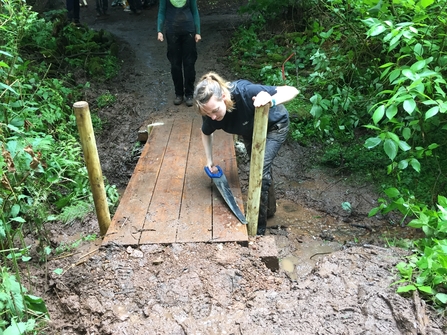 Jane Grove sawing a wood stand on a small bridge