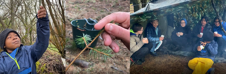 Collage of three images. Picture one – a young boy reaching up to feel the texture of a branch. Picture two - a close-up of a hand feeling the prickliness of a pine leaf. Picture three – the group of young people sheltering from the rain chatting and laughing about their adventure.