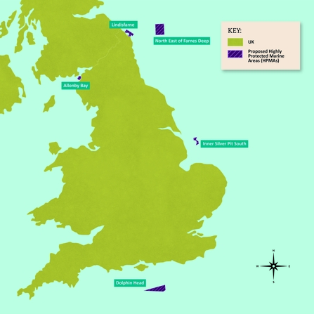 A map of England showing the location of all 5 proposed Highly Protected Marine Areas