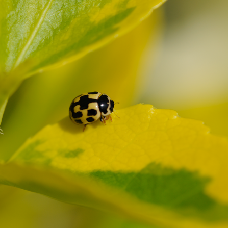 A 14-spot ladybird, with rectangular black spots on its yellow back, climbs over a leaf
