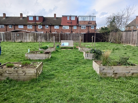 Raised beds surrounded by grass and a bench. Houses can be seen in the background.