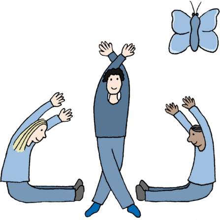 An illustration of three people working together to make a butterfly shape in yoga poses