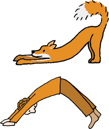 An illustration of a person and a fox. The fox is stretching and the person is imitating with a downward facing dog yoga pose