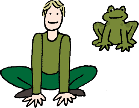 An illustration of a person and a frog. The frog is sat down and the person is imitating the pose in a seated position