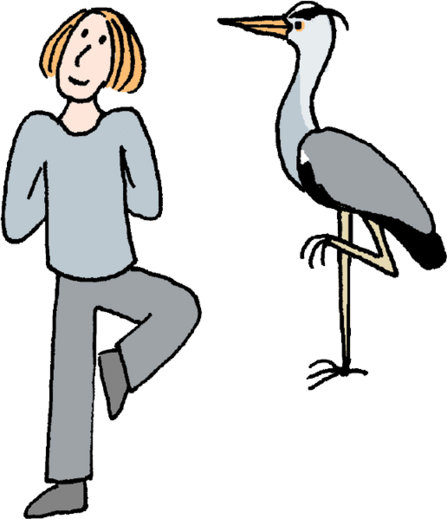 An illustration of a person and a heron. The heron is stood on one leg and the person is imitating its pose