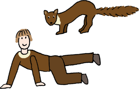 An illustration of a person and a pine marten. The heron is stood with its tail straight out and the person is imitating with a yoga pose in a tabletop position, with one leg extended out