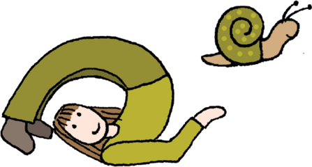 An illustration of a person and a snail. The person is lying on the floor with their legs over their head, imitating a snail's shell