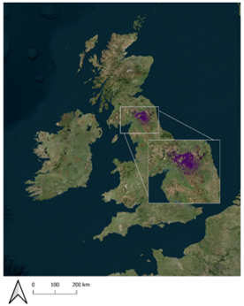 A map of the Missing Lynx project area and predicted growth of a lynx population 5 years after release. The shading shows lynx spread across Northumberland, bordering parts of Cumbria and southern Scotland