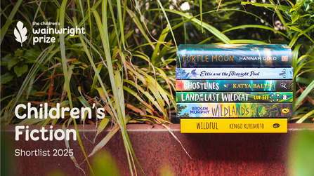 A pile of books shortlisted for the Wainwright Prize for Children's Fiction 2025, surrounded by long grass. In order from top to bottom the books are: Turtle Moon by Hannah Gold, Ettie and the Midnight Pool by Julia Green, Ghostlines by Katya Balen, Land of the Last Wildcat by Lui Sit, Wildlands by Brogen Murphy and Wildful by Kengo Kurimoto