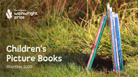 Books propped up against one another, on grass. In order from left to right they are: Herd by Stephen Hogtun, Leave the Trees Please by Benjamin Zephaniah, The Wild by Yuval Zommer, Flower Block by Lanisha Butterfield, The World to Come by Robert Macfarlane and Johnny Flynn, Bothered by Bugs by Emily Gravett and Frog by Isabel Thomas
