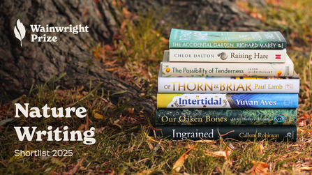 The Nature Writing 2025 shortlist books in a pile under a tree. In order from top to bottom are: The accidental garden by Richard Mabey, Raising Hare by Chloe Dalton, The Possibility of Tenderness by Jason Allen-Paisant, Of Thorn & Briar by Paul Lamb, Intertidal by Yuvan Aves, Our Oaken Bones by Merlin Hanbury-Tenison and Ingrained by Callum Robinson