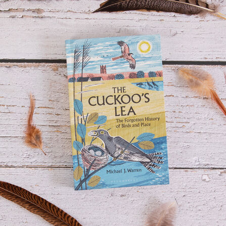 The book The Cuckoo’s Lea by Michael J.Warren on a wooden table surrounded by feathers