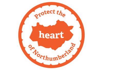 A badge saying protect the heart of Northumberland, featuring a heart-shaped section of land - the shape of The Rothbury Estate