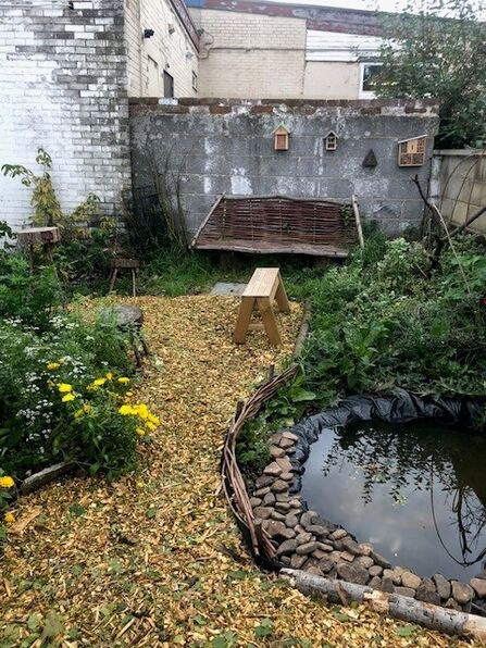 A small urban wildlife garden with a woodchip path leading toward a woven wooden bench against a grey brick wall. Several bug and bug houses are mounted on the wall above the bench. On the right side of the garden is a small pond edged with stones and bushy plants. The surrounding area is filled with a mix of wild plants with yellow and white flowers visible