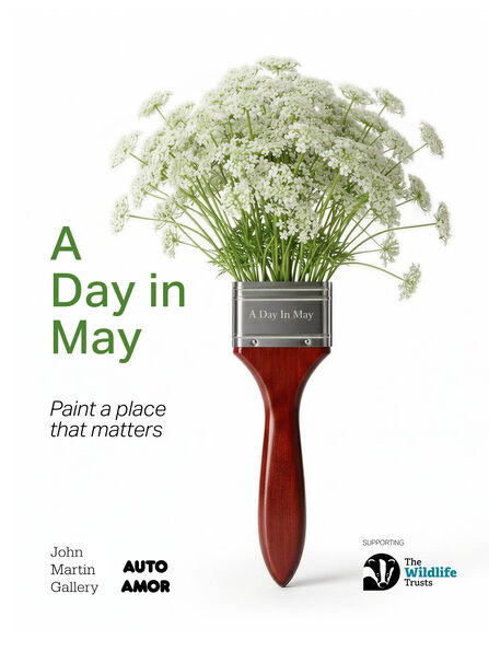 White flowers erupting from the end of a paint brush, instead of bristles. Text reads A Day in May: Paint a place that matters