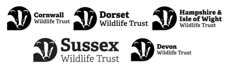 Logos of Cornwall, Dorset, Sussex, Devon and Hampshire & Isle of Wight Wildlife Trusts