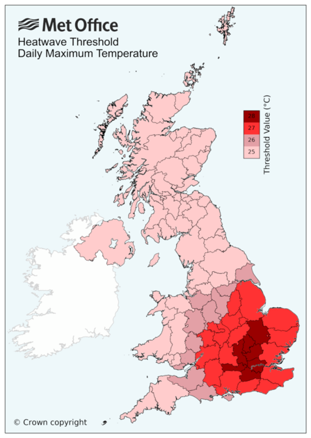 A Met Office map showing the daily maximum temperature for each area in the UK to hit the threshold for a heatwave. London and its surrounding areas are shown in dark red - 28 degrees. Around that area, spreading through to East Anglia and the South East is slightly lighter red - 27 degrees. The semi circle west of that shows 26 degree threshold. The rest of the UK, including Cornwall, Devon, Wales, north of England, Scotland and Northern Ireland has a threshold value of 25