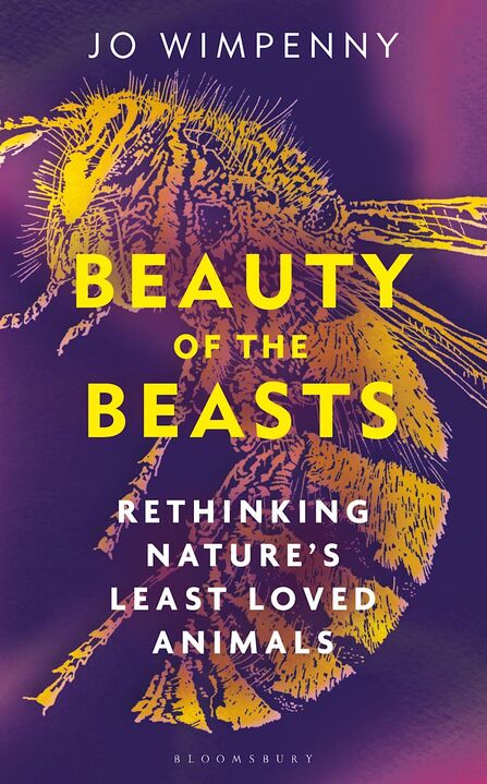 Dark purple cover image including a yellow outline of a wasp including the title text 'Jo Wimpenny, Beauty of the Beasts; Rethinking Nature's Least Loved Animals'