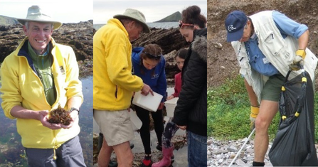 A compilation of three photos of John on the coastline. In one he is holding an item from a rockpool towards the camera and smiling, in another he is showing three children and young people contents of a rockpooling bucket and in the third he is litter picking by the coast