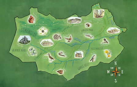 An illustrated map showing the area of The Rothbury Estate which is in the rough shape of a heart. Key things highlighted in the illustrations are curlews, red squirrel, bilberry bumblebee, merlin and The Gate Pub, amongst others