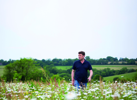farmer walking in meadow